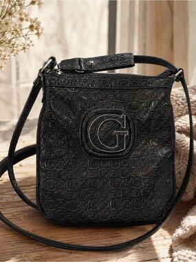 Vintage 90s Guess Black Embossed Logo Crossbody Bag